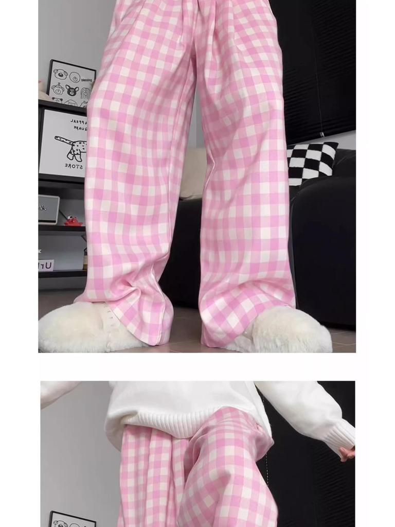 Damen Blaue Karomuster High-Waist Weitbein Petite Hose - Frühling/Sommer 2025 Kollektion