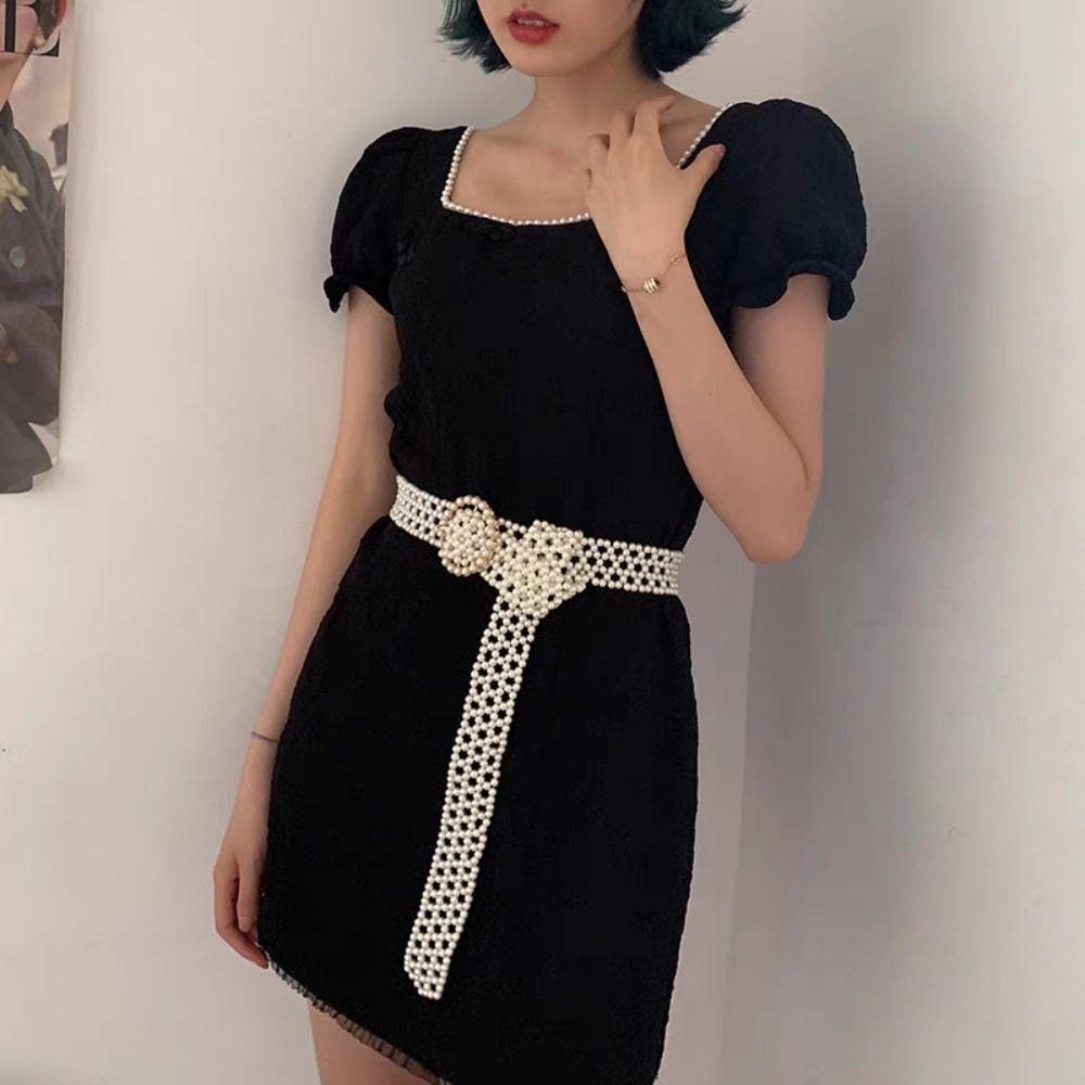 Hollow Pearl Waist Chain Elastic Band Beadeds Body Chain Fashion Pearl Waist Belt  Coat