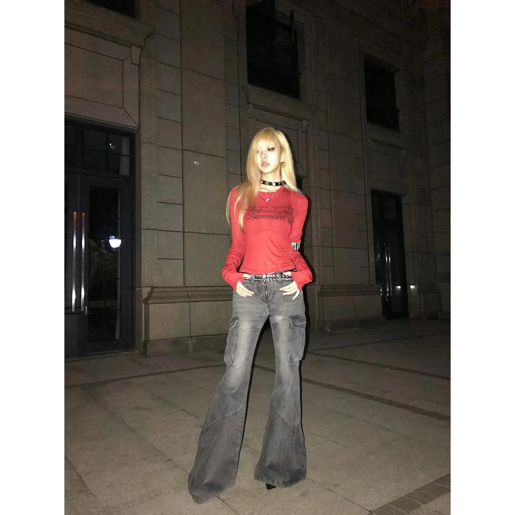 Grunge Aesthetics Letter Print T-shirt Trashy 2000s Style Long Sleeve Red T Shirt Japanese Y2k Distressed Tops American