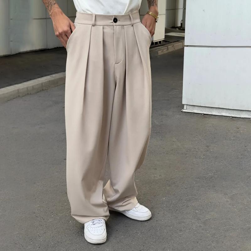 Crest Moda Hoge Taille Geplooide Broek voor Mannen Losse Wijde Pijp Streetwear Broek 2XL beige