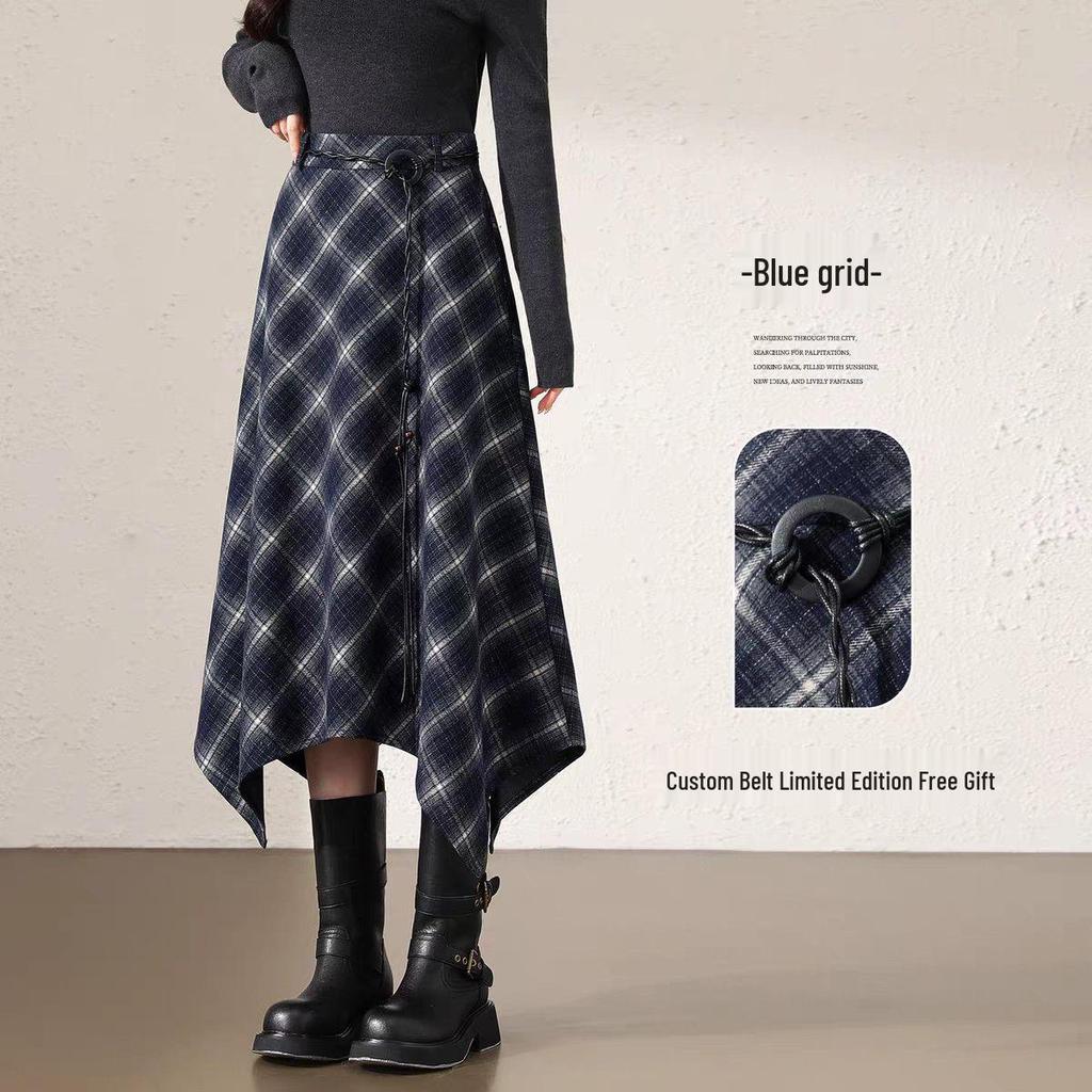 Women's Retro Irregular Plaid Woolen A-line Long Skirt - Autumn/Winter 2025 Collection