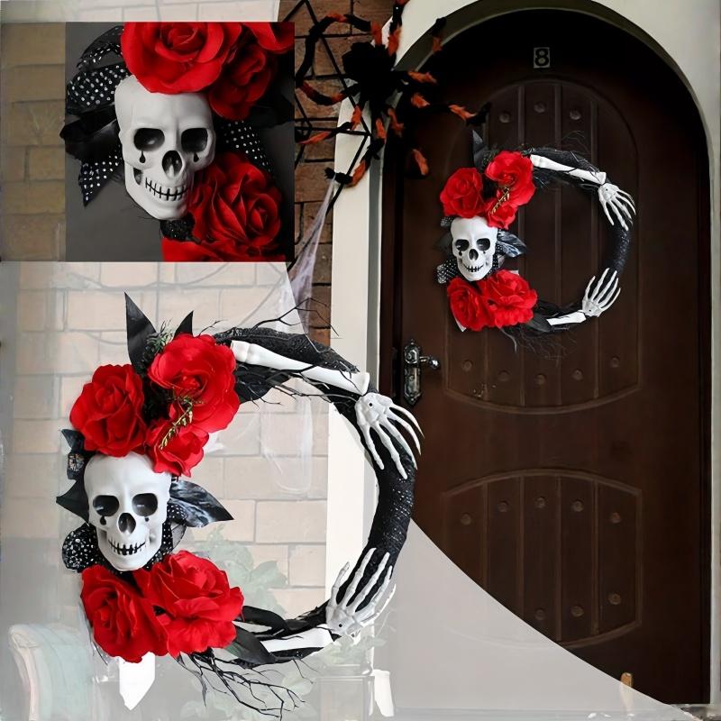 1pc 15in Rose Flower Skull Halloween  Gothic Black Halloween Decorations for Indoor Outdoor Window Hanging Ornament