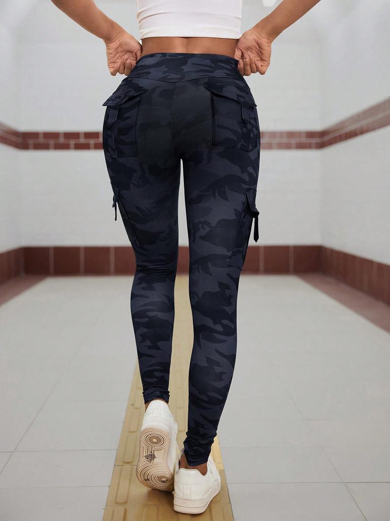 Rose Beauty A Camo Print Flap Pocket Side Running Yoga Stretch Leggings