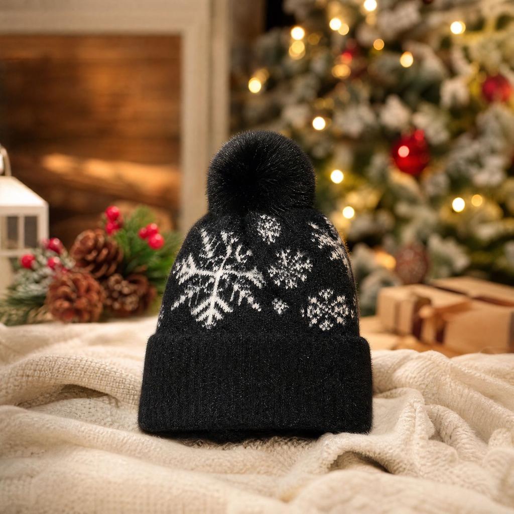 Women's Snowflake Knit with Pom, Warm Lined Winter Hat for Outdoor Skiing and Christmas