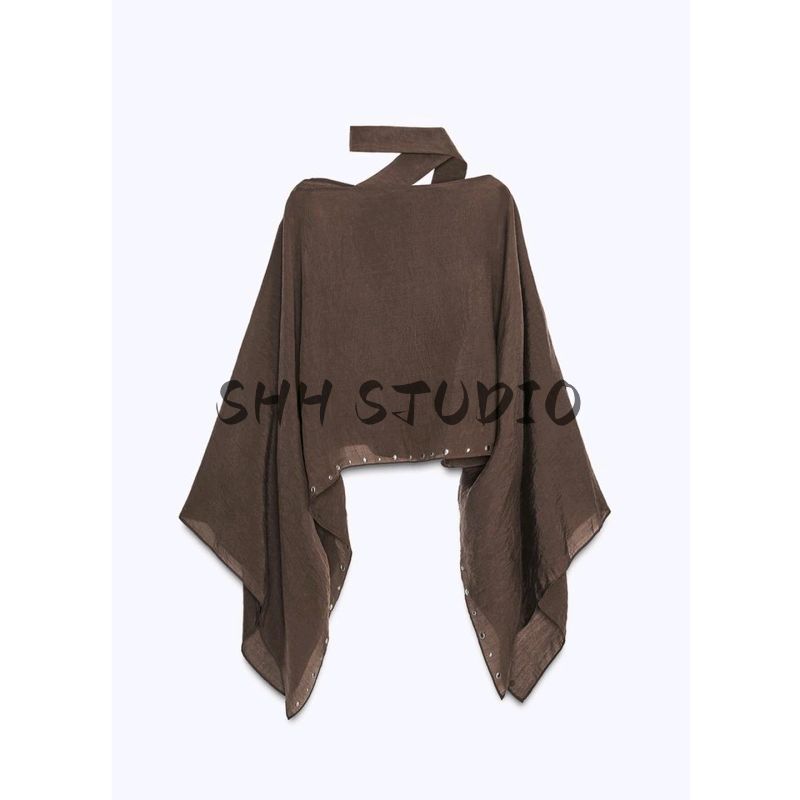 Spring New Women's Clothing Casual Style Lyocell Blended Rivet Scarf V Neck Wide Sleeve Cloak 3067719
