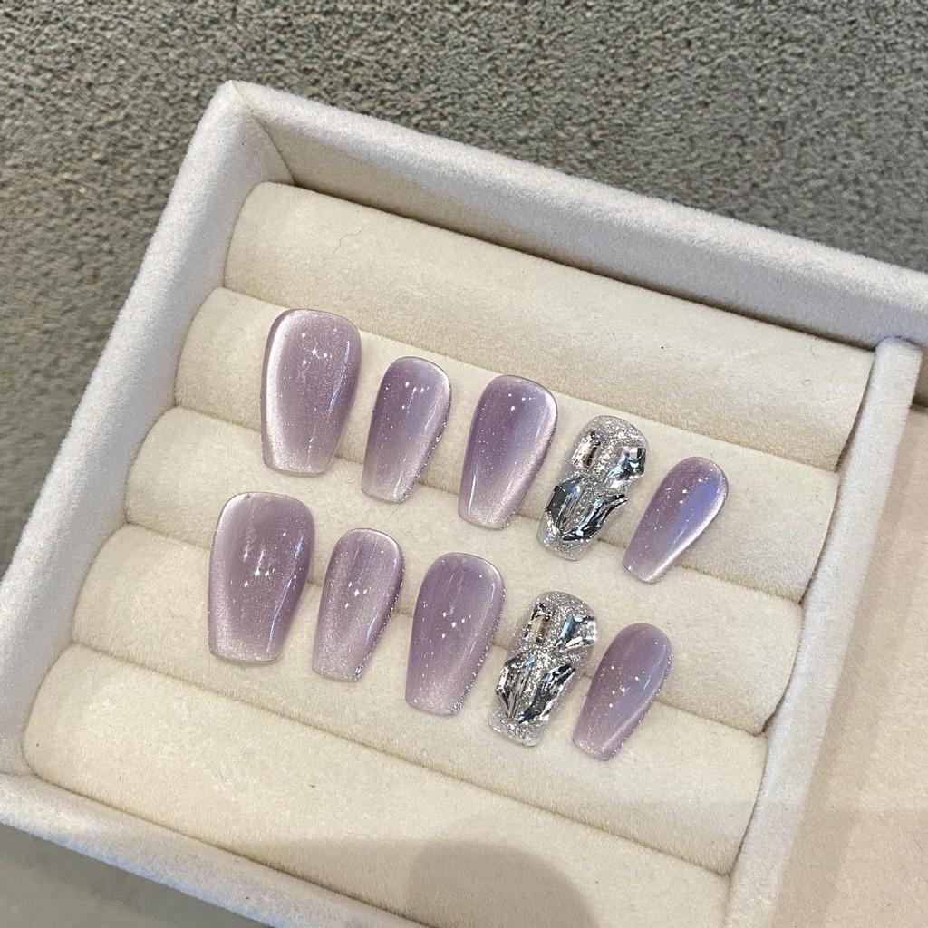 100% HANDMADE Medium Coffin Shape Fake Nail Set Purple Bulb Cat's Eye Buccella Magic Mirror Miracle Angel Press On Nails Fake Nails Reusable Nails
