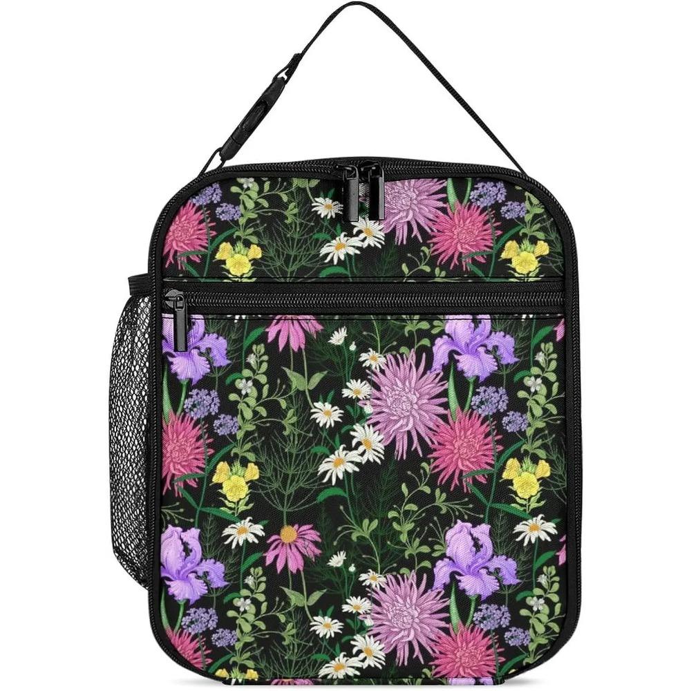 

Женская сумка для ланча с цветочным принтом, с термоизоляцией, с именем, многоразовый контейнер для ланча, герметичный органайзер, двойные молнии 26x21x11CM зелёный