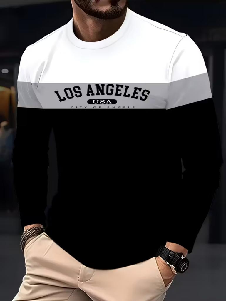 Mens T Shirt Los Angeles 3D Print Long Sleeve Autumn Striped Round Neck Outdoor Sports T-Shirt for Men Daily Men's Tops Clothing