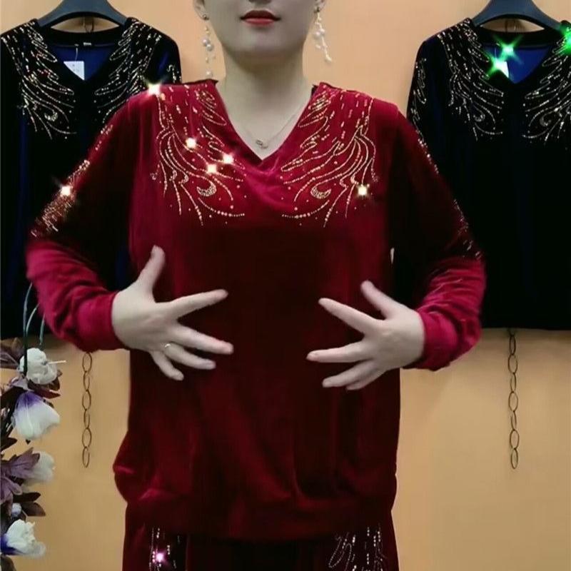 2-teiliger Hosenanzug Herbst Damen Stickerei Übergröße Samtbluse Hohe Taille Samt Harems Hose Zweiteiliges Set