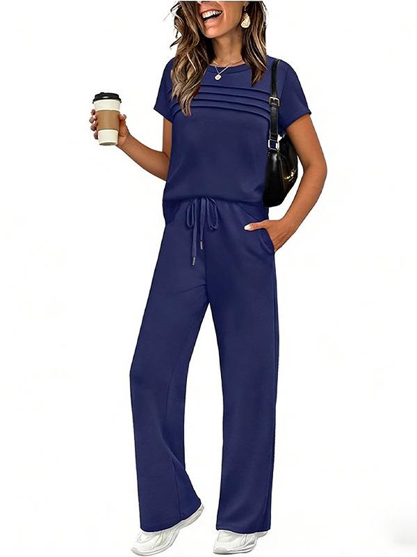 

2026 Spring/Summer Women s Casual Set: Short Sleeve Top & Wide Leg Long Pants 5XL