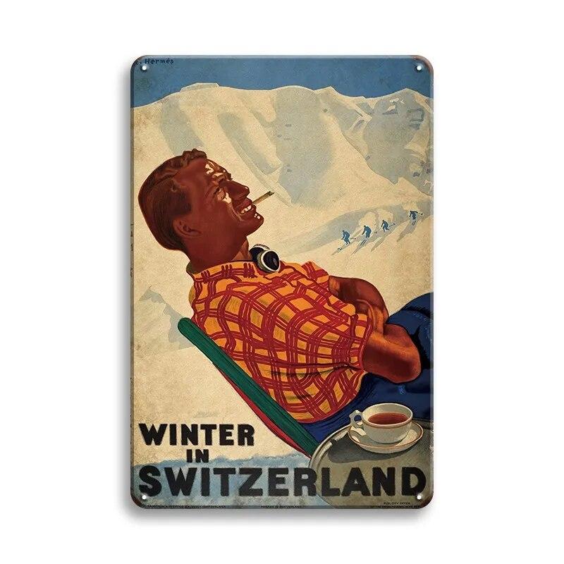 Skiing Baseball Metal Sign Austria Vintage Posters Sport Club Ski Metal Plaque Decorative Metal Plate Iron Painting Sport Wall