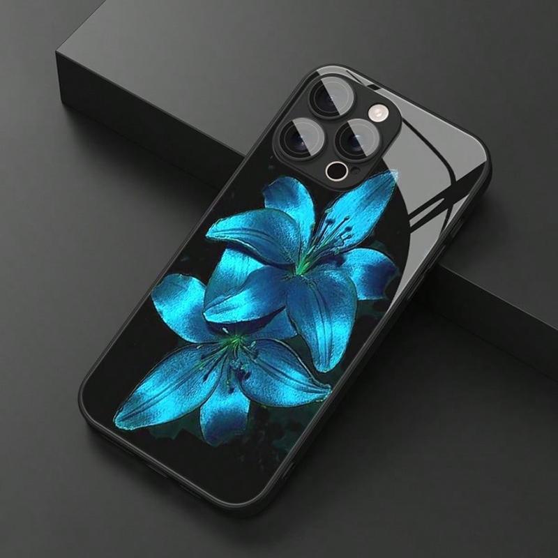 Elegant Blå Lilja Blommig Glasmaterial Telefonfodral För iPhone 11 12 13 14 15 16 17 Pro Max 17Air 16E 7 8 Plus XR XS X Skydd