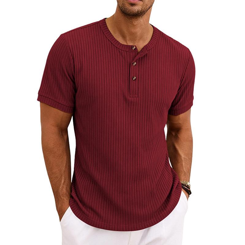 Men Retro Casual Ribbed Henley Short Sleeve Sports T Shirt