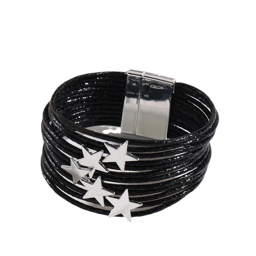 Multilayer Leather Bracelet with Star Charm and Magnetic Closure for Women