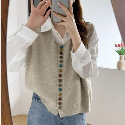 Autumn New Retro High-end Breasted Loose Knitted Vest Casual Stacking Versatile Sweater Women