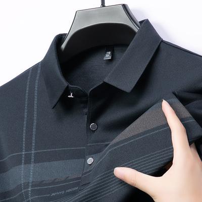 Langarm Revers Poloshirt Herren Premium Business Casual Gestreift Bedruckt Stretch T-Shirt