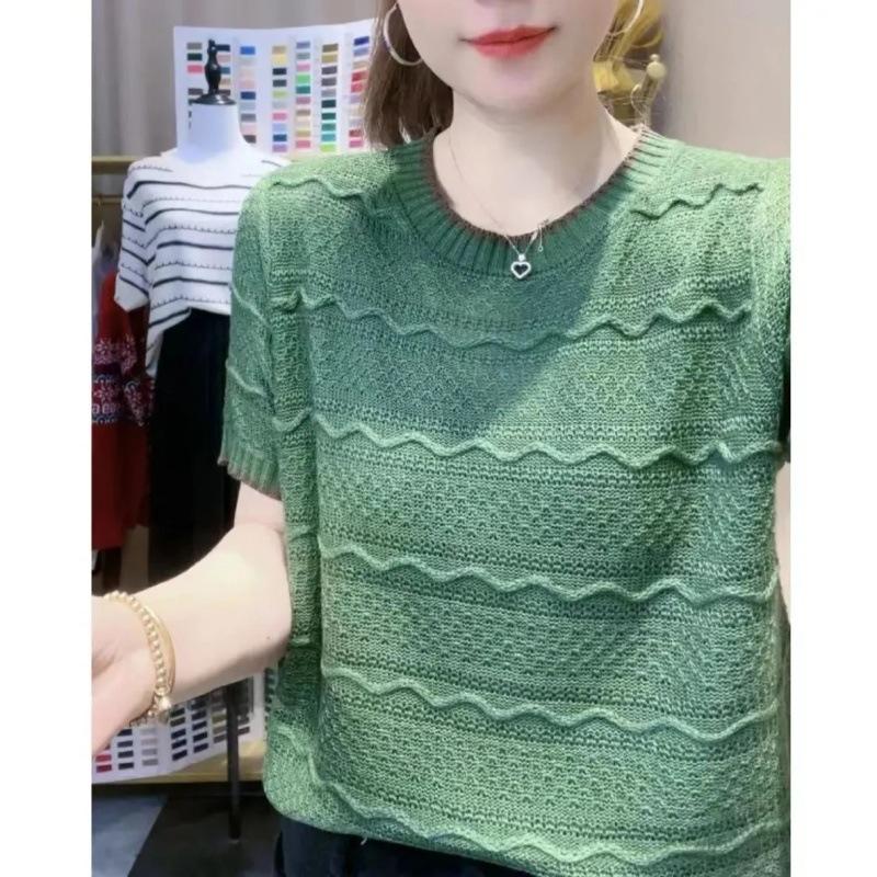 Summer Round Neck Knitted T-shirt Striped Hollow Ice Silk Knitted Short Sleeved T-shirt for Women