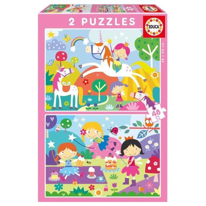 Puzzle - EDUCA - Unicorn and Fairy - 2 X 48 Pieces - Fantasy Theme - For Children from 4 Years Old