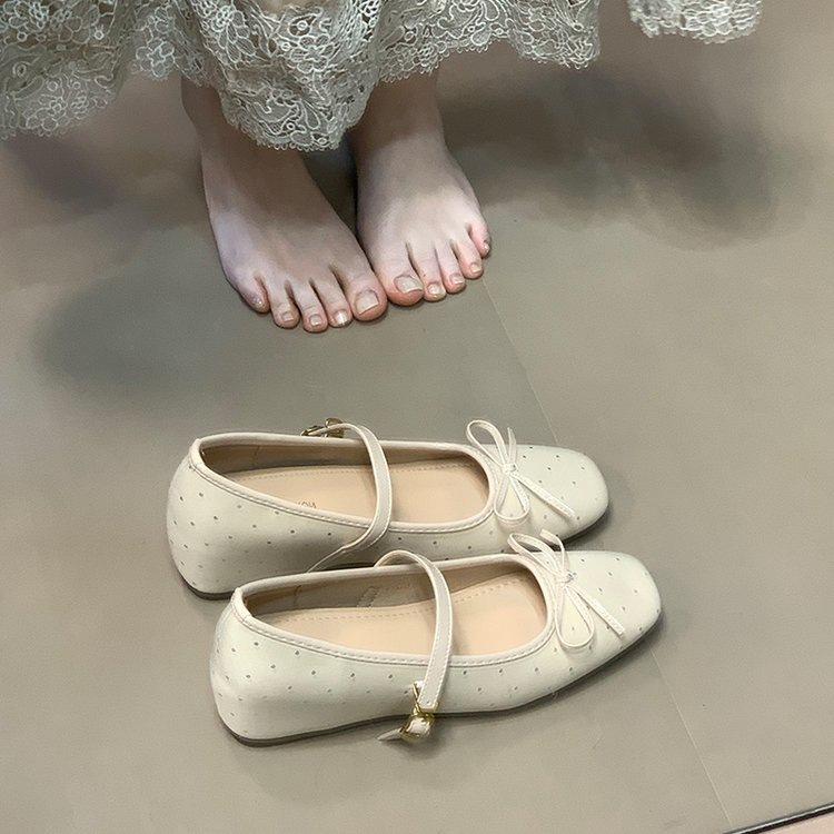 French Niche Square Head Bow Ballet Shoes Women's Autumn 2025 New Inner Height Increase Shallow Mouth One-word Strap Single Shoes