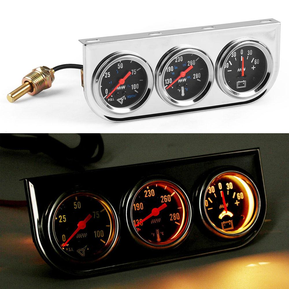 Triple Auto Gauge Set Oil Pressure Water Temp Amp Meter 2" Chrome Panel with White Face TT101324