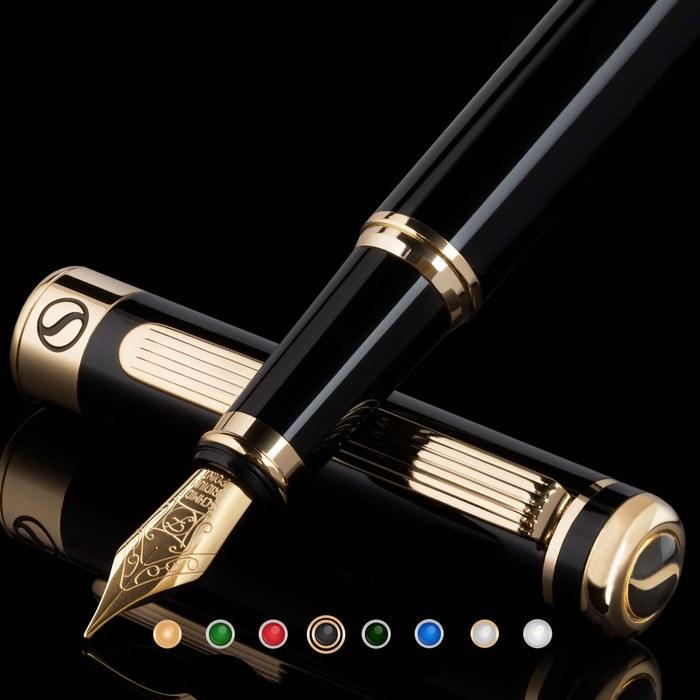 Scriveiner Premium Fountain Pen (Black). Features a genuine gold-plated and Schmidt-plated nib (Fine). Refined fountain pen gift set, ideal