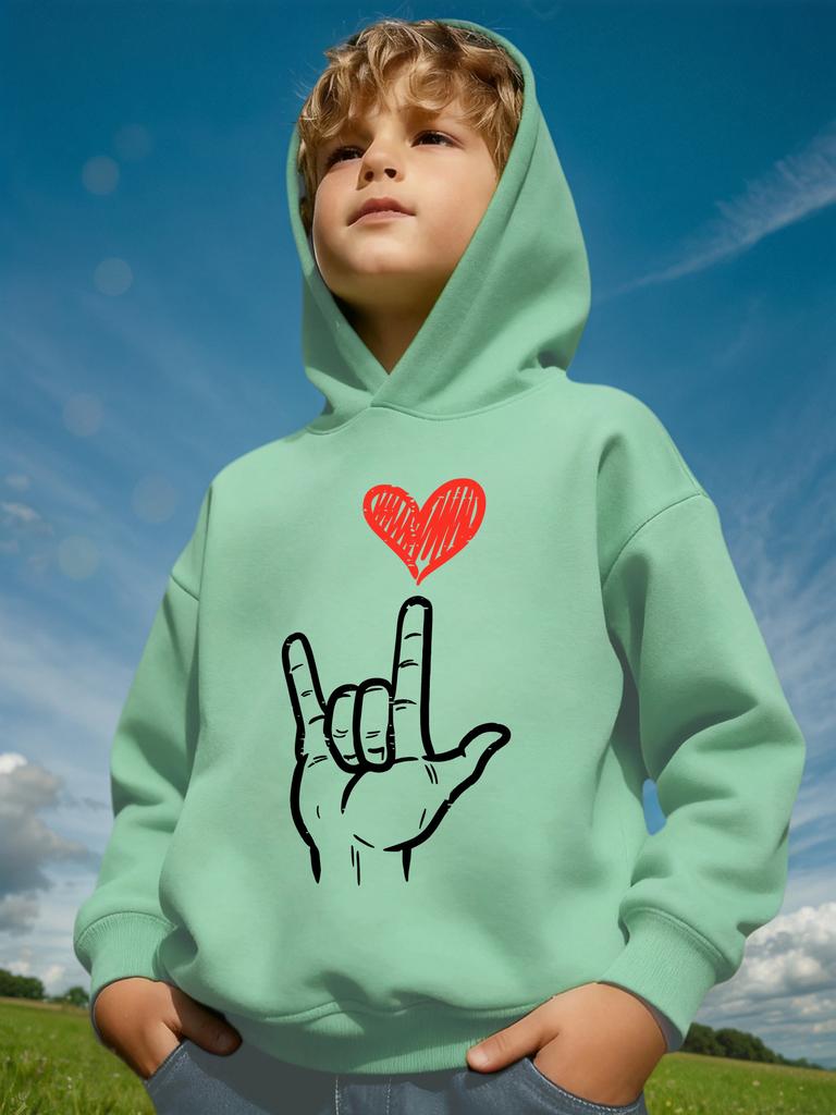 Valentine'S Day Boys' Autumn And Winter Stylish Fleece Hoodie with a Red Heart Graphic on The Fingertips,