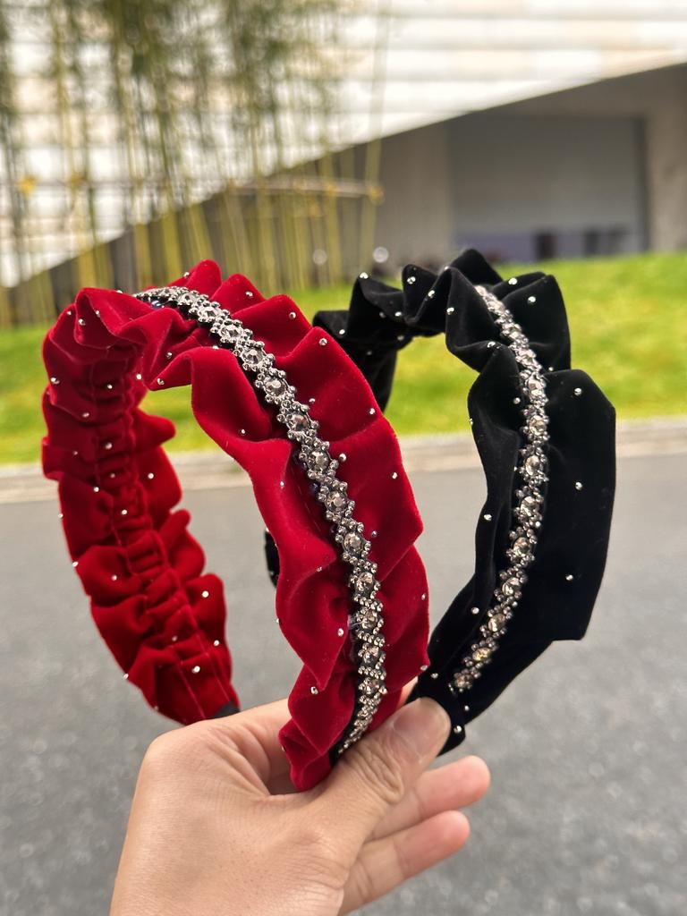 Black Diamond Pleated Gold Velvet Headband, High-End Aristocratic Elegant Rhinestone Headband, Popular Hair Accessories for Women