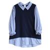 Blue Striped Splicing Knitted Fake Two-piece Blouse Womens Long-sleeved Relaxed Fit and Thin Top