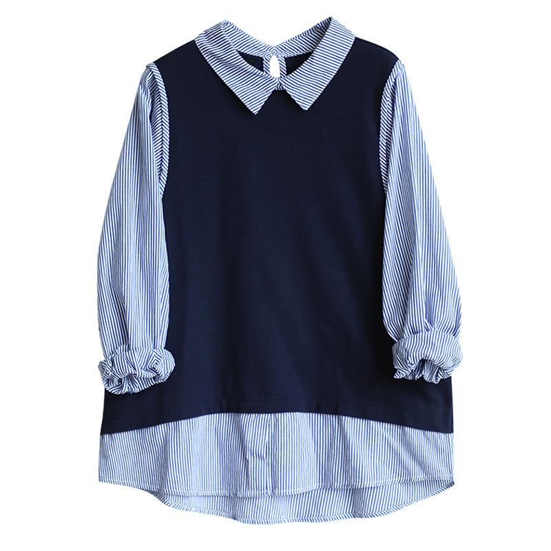 Blue Striped Splicing Knitted Fake Two-piece Blouse Womens Long-sleeved Relaxed Fit and Thin Top