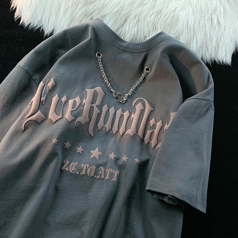 

Мужская футболка свободного кроя с коротким рукавом и винтажным американским ожерельем из пеноматериала - модная европейская и американская уличная одежда в стиле хип-хоп 2XL темно-серого