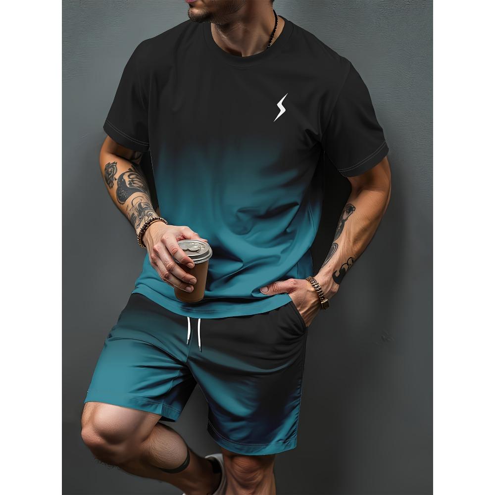 Men's Short-Sleeve Shorts Set, Sports Outfit, Summer T-Shirt & Shorts, Fitness Casual