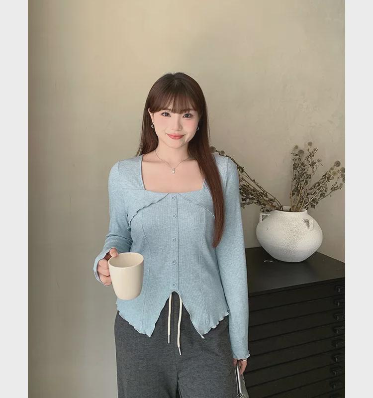 Women's Plus Size Square Collar Long-Sleeve Slimming T-Shirt for Spring