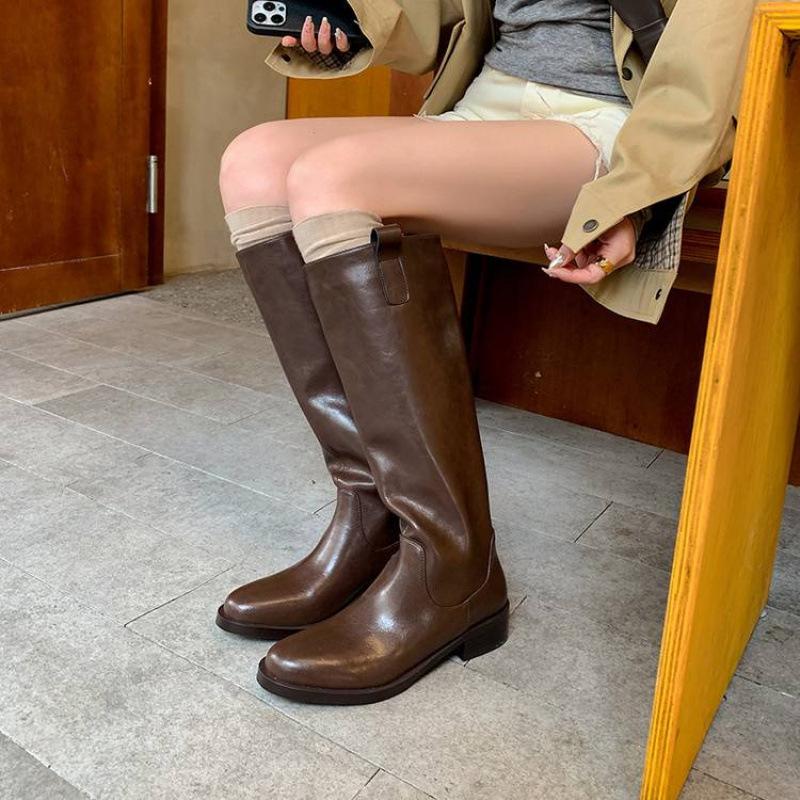 Autumn and Winter Women's Leather Boots Medium Heel Large Size Women's Boots Cowhide Big Tube Circumference Knight Boots New Rubber Sole High Boots W