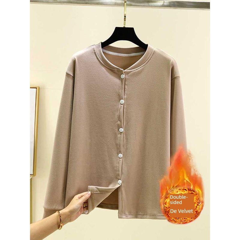 Loose Plus size Fleece-lined Cardigan Women Autumn and Winter Dralon Thickened Buckle Home Wear Outer Wear Plus size Heating Casual Outerwear