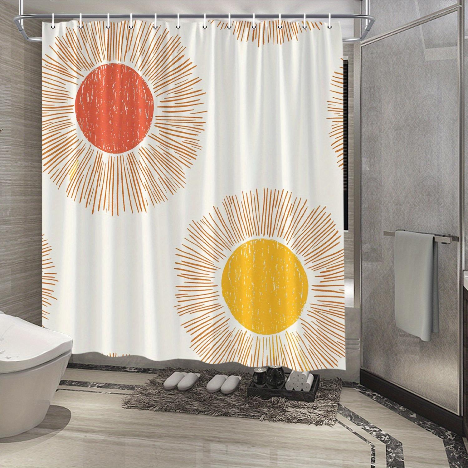 

Mid-Century Modern Sunburst Shower Curtain – Cream With Orange & Yellow Radiant Lines, Polyester For Stylish Bathroom Decor W60H190(CM)-1 Pcs