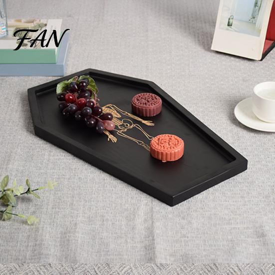 Dark Style Table Centerpiece Halloween Gothic Serving Tray with Engraved Skeleton, Wooden Charcuterie Board, Casket Solid Wood Trinket Shape