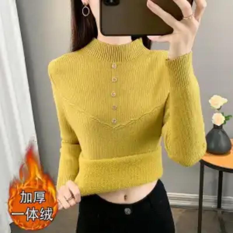 One-piece Velvet Warm Sweater Women's Autumn and Winter New Half Turtleneck Plus  Bottoming Shirt Top