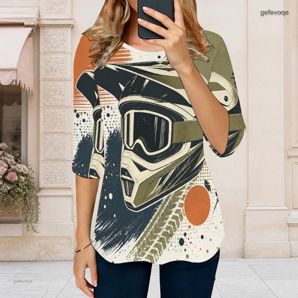 Women Plus Size Round Neck 3 4 Sleeve T Shirt Cartoon Construction Vehicle Printed Curved Hem Top