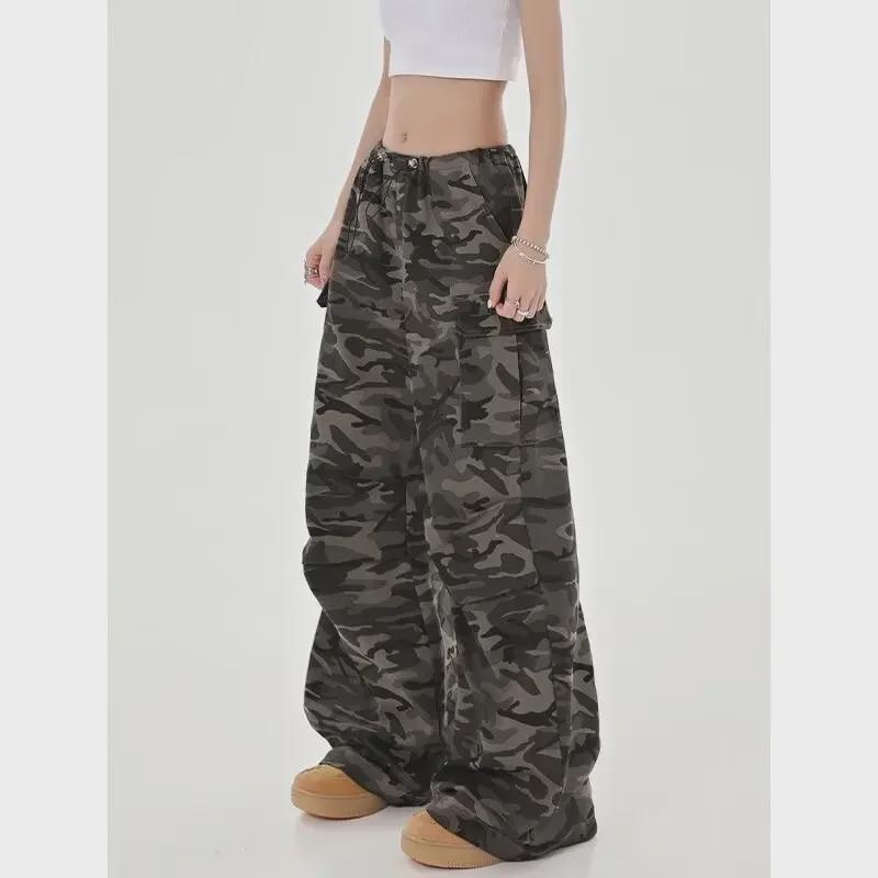 Women's 2024 Retro High-Waist Camouflage Wide-Leg Pants - Army Green, Casual Hip-Hop Style