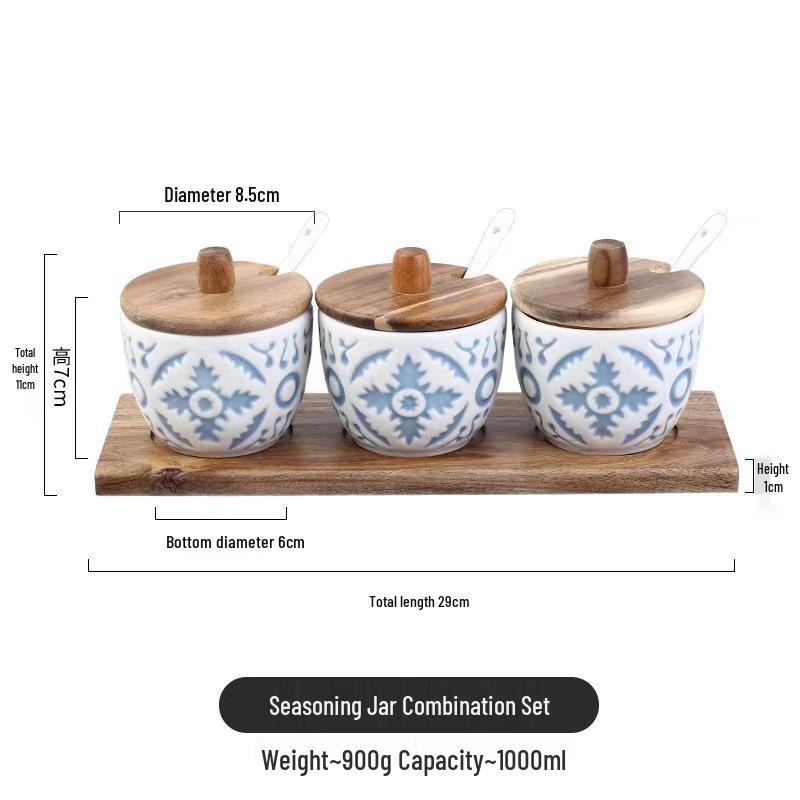 Japanese Seasoning Box Set: Three-Piece Embossed Ceramic Jars with Wooden Holder and Spoon