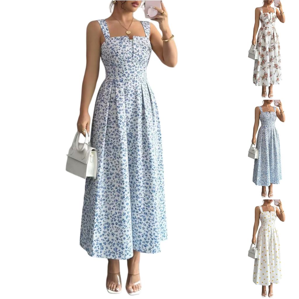 Women Sleeveless Backless Floral Print Maxi Dress with Adjustable Straps and Fitted Waist Summer Casual Sundress