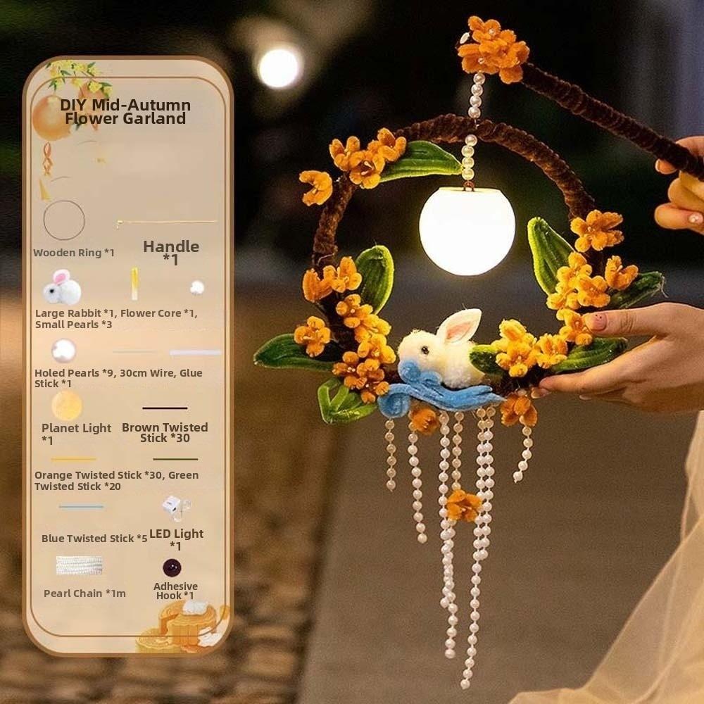 Handmade Rabbit Hoop Lamp Glowing Chenille Stems Craft Bunny Wreath Lantern  Mid-Autumn Festival