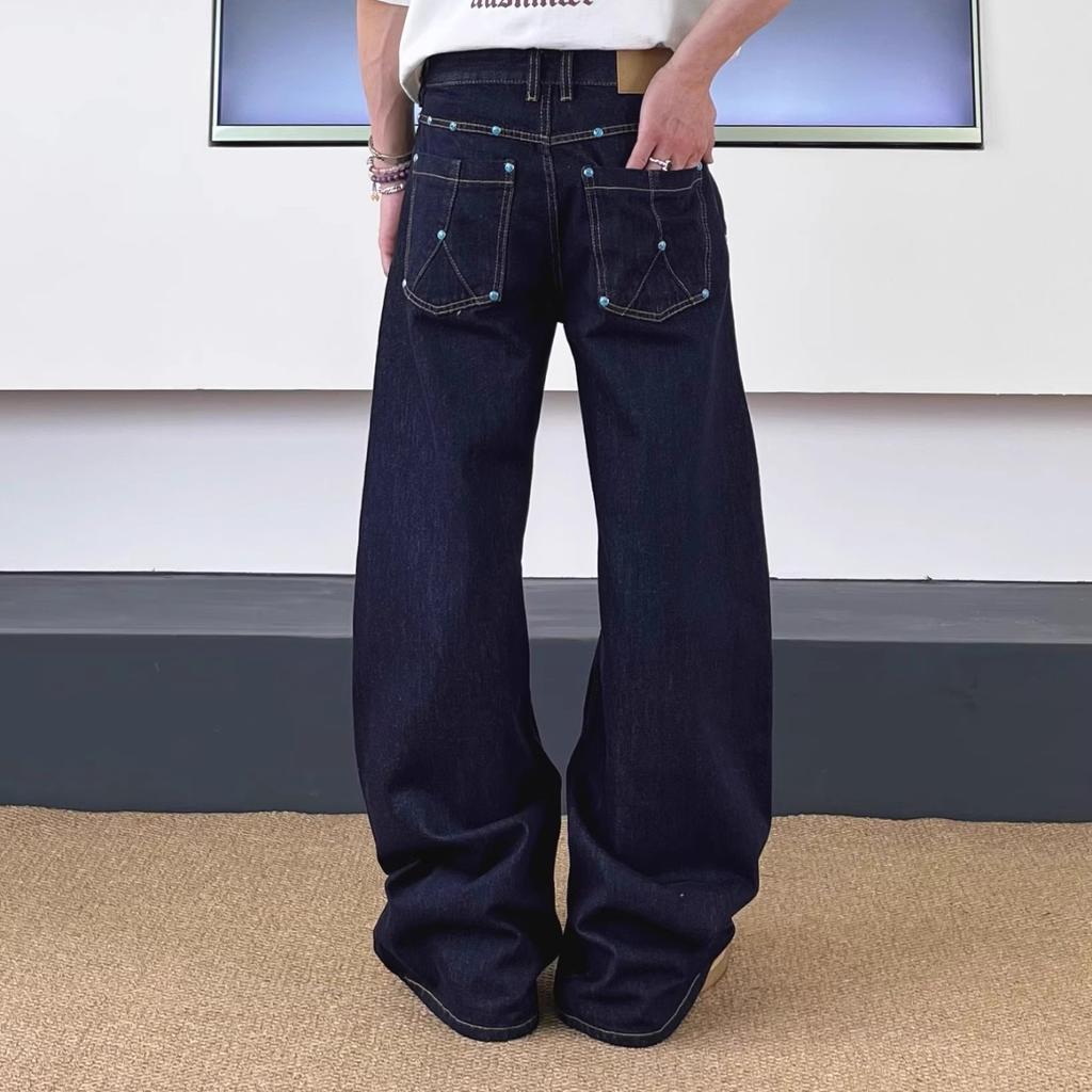 Unisex American Vintage Raw Denim Banana Wide Leg Jeans Turquoise Hardware Clean Fit Loose Straight Trousers S-3XL