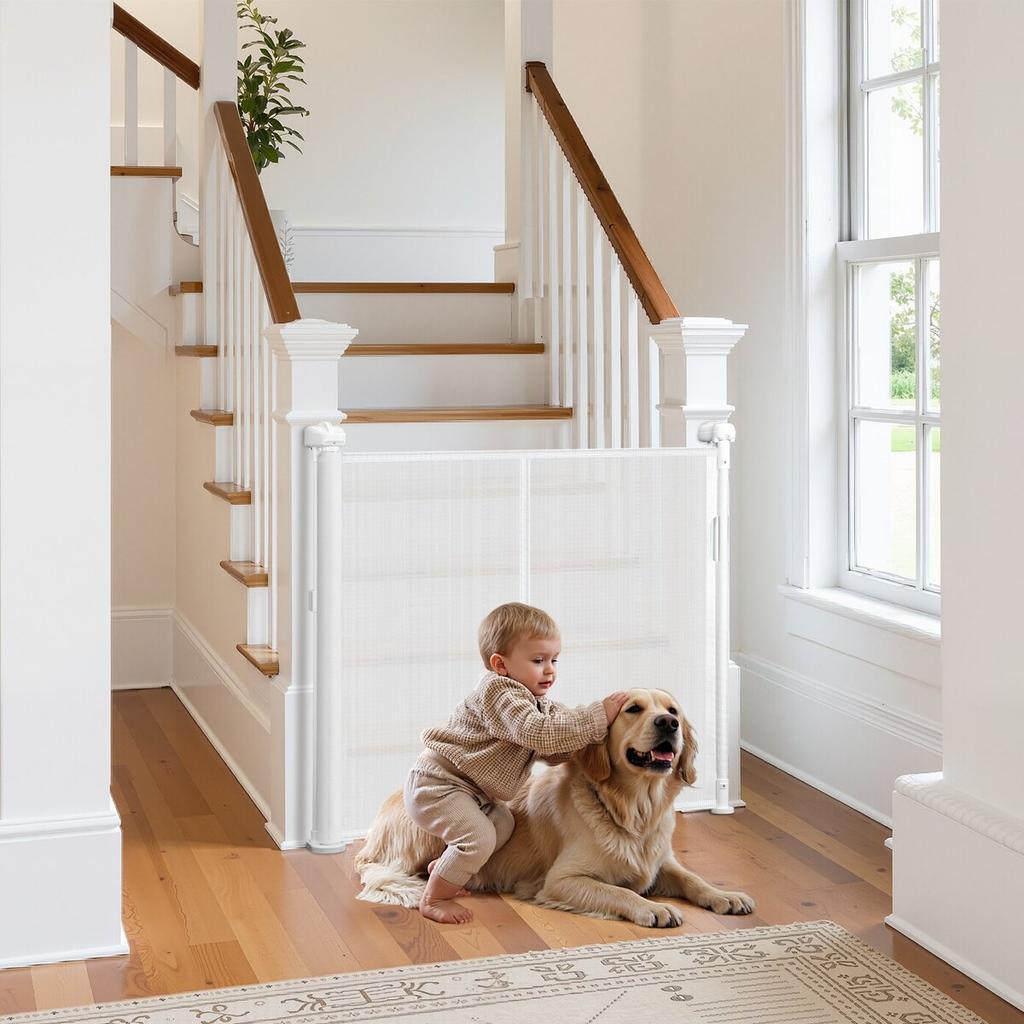 Retractable Baby Gate, 870 mm Tall, Extends up to 2800 mm Wide, Retractable Gate for Kids or Pets, Mesh Material, Easy to Install for Indoor Stairs,