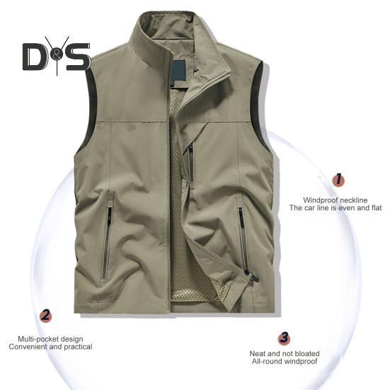 Herre Vest Ståkrage Ermeløs Glidelåslukking Vestjakke med Store Lommer Ensfarget Utendørs Fiskevest