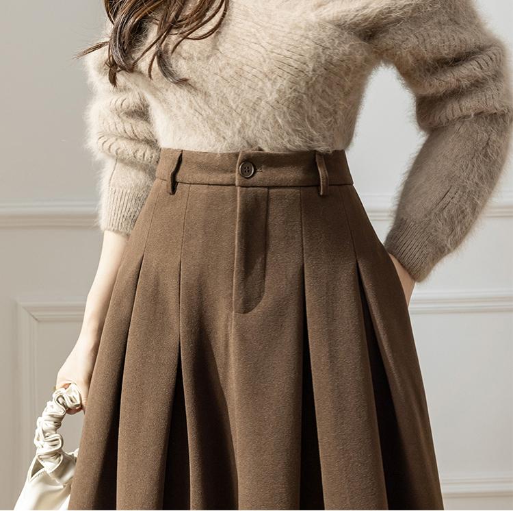 Elegant Women Faux Woolen Skirts For Office Ladies Pockets Casual Loose A-Line High Waist Midi Skirt Autumn Winter