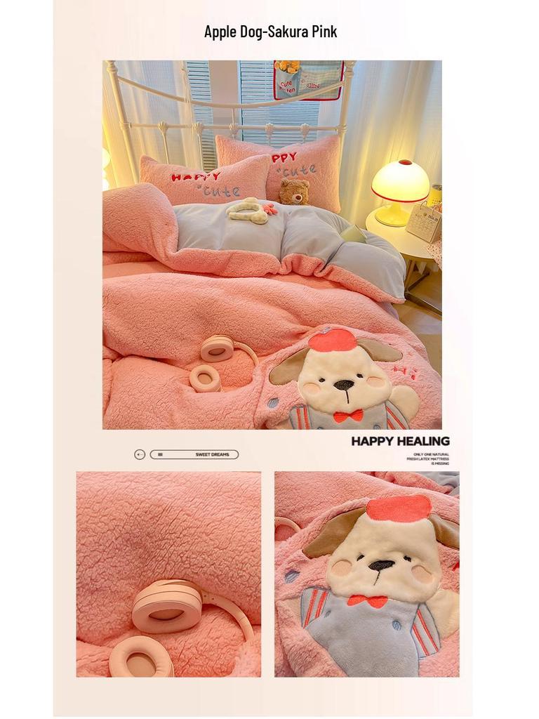 Cartoon Chenille Embroidered Lambswool Fleece Bedding Set - Duvet Cover & Bed Sheet