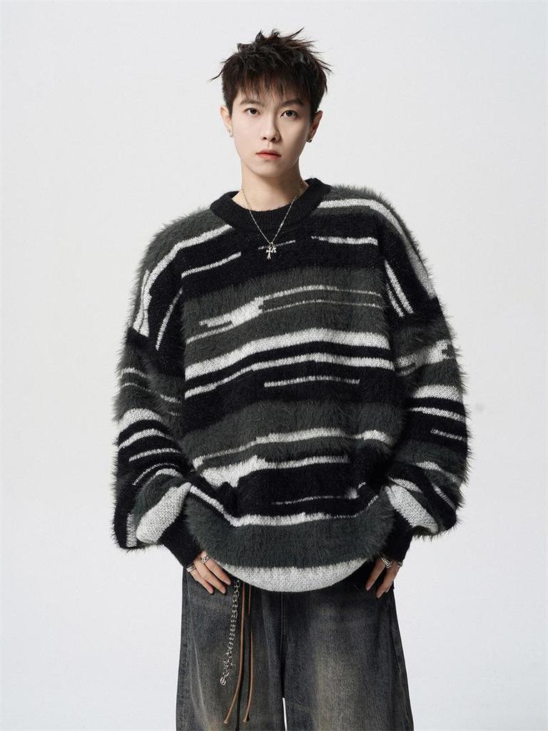 Unisex Mohair Round Neck Color Block Stripe Sweater - Autumn/Winter Casual Loose Fit