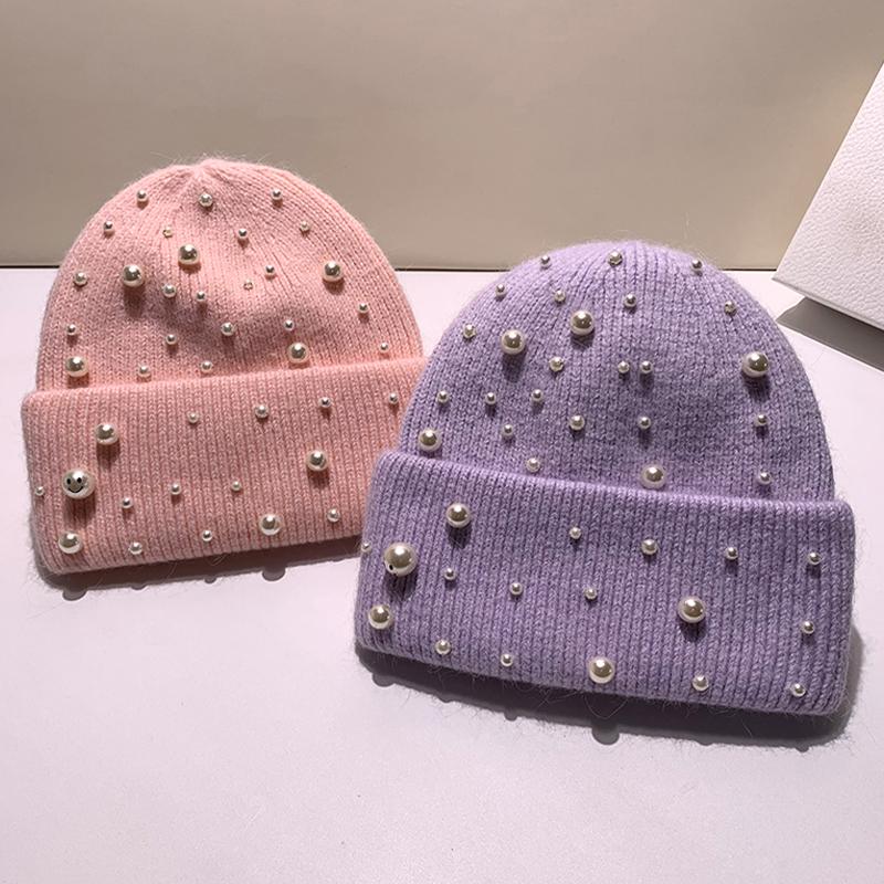 New Autumn And Winter Heavy-Duty Pearl Wool Hat Pearl Fashion Knitted Hat Warm Ear Protection