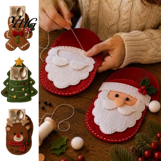 Reindeer Dining Setting Christmas Felt Cutlery Holder DIY Kit, Holiday Flatware Pouch Craft Snowman Party Decor Set, Handmade Utensil Sleeve